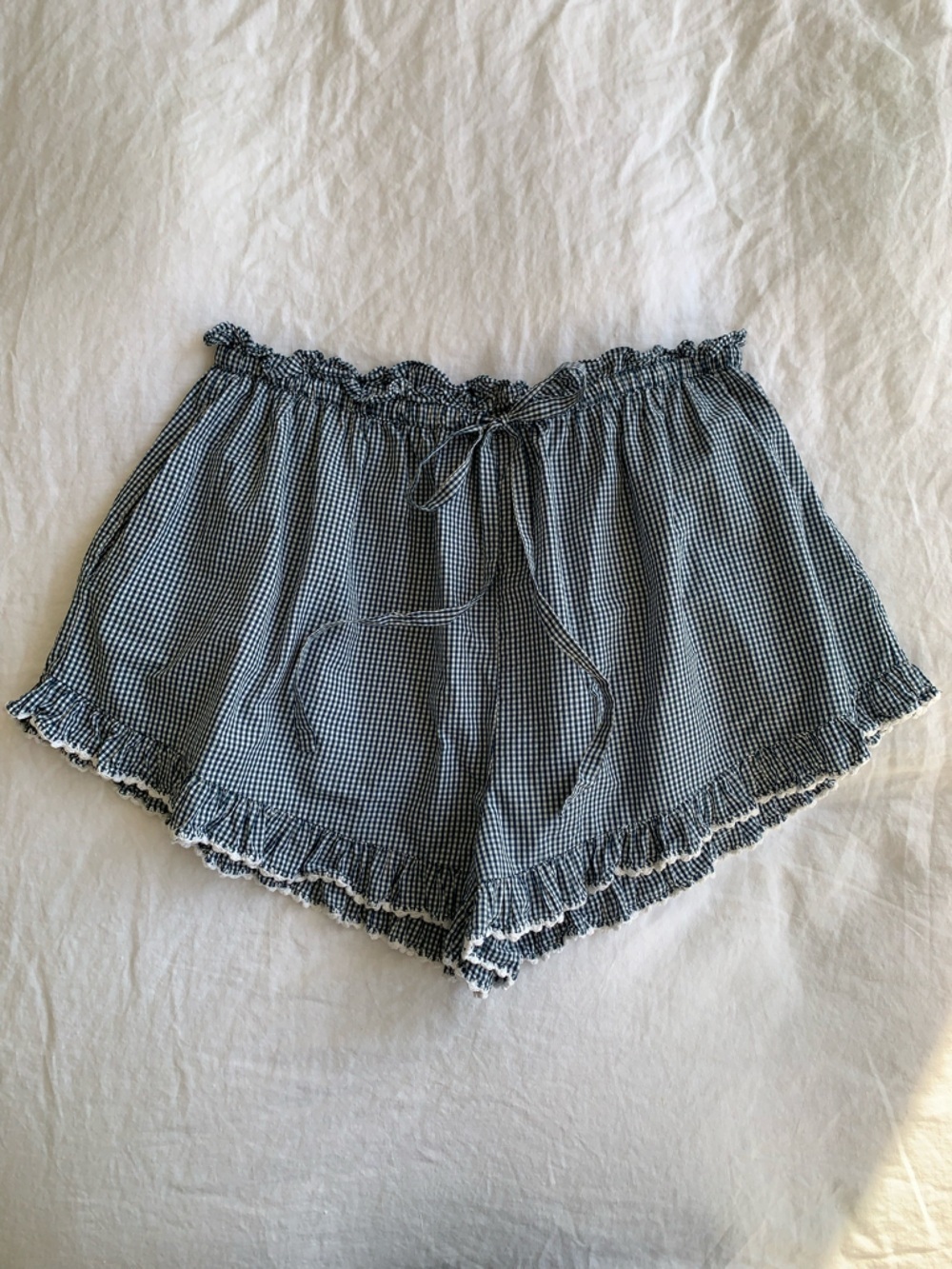 Doen Luella Cotton Crochet Trim Ruffle Tie Shorts Azure Paris Gingham Blue White